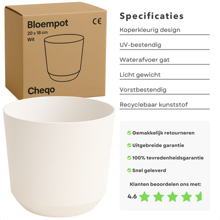 Cheqo® Bloempot Wit - Witte Plantenpot - Plantenbak - Kunststof 20x18 cm - Voor Binnen en Buiten - Ideaal voor Balkon