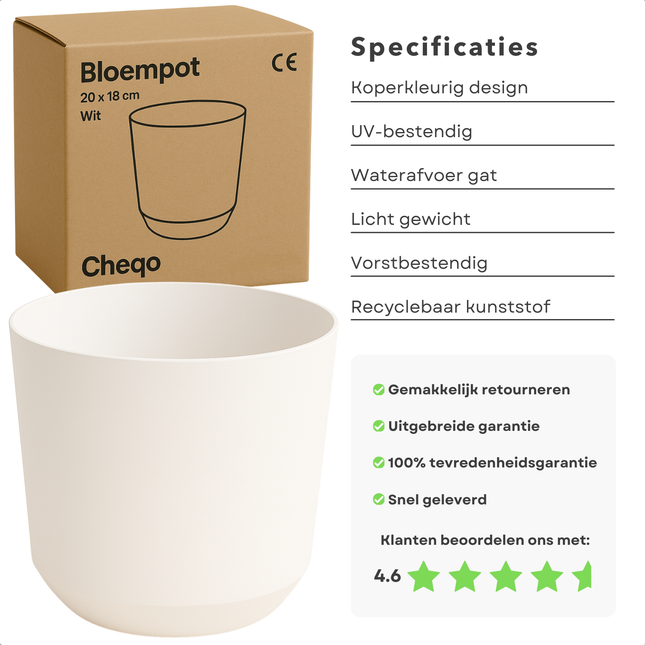 Cheqo® Bloempot Wit - Witte Plantenpot - Plantenbak - Kunststof 20x18 cm - Voor Binnen en Buiten - Ideaal voor Balkon