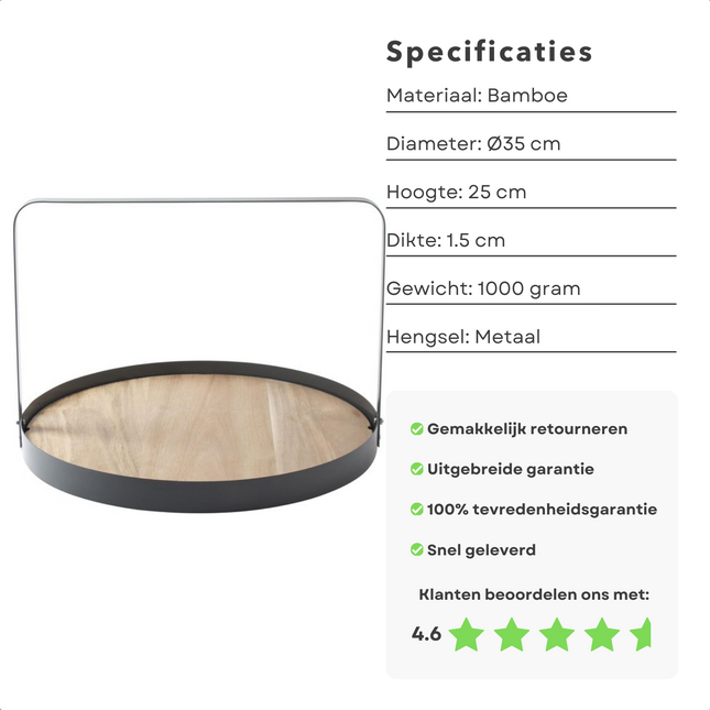 Cheqo® Serveerplank met Handvat - Rond Bamboe Dienblad - Ø35cm - Serveerschaal van Bamboe - Kaarsenplateau