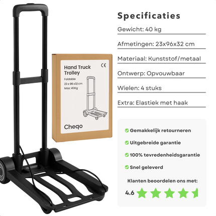 Cheqo® Opvouwbare Steekwagen - Hand Truck - Draagvermogen 40 KG - Compacte Trolley - Stevige L-Vorm - 4 Wielen - Elastiek met Haak - Duurzame Materialen - Lichtgewicht Ontwerp - Eenvoudig op Te Bergen - Geschikt voor Verhuizing
