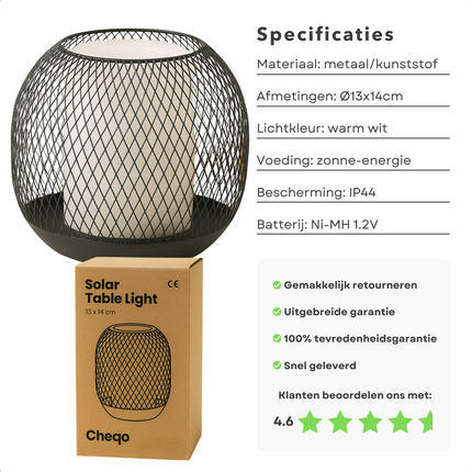 Cheqo® Solar Tafellamp - Metalen Lantaarn - Sfeerverlichting Tuin - Buitenlamp - Tafel Lamp op Zonne-energie