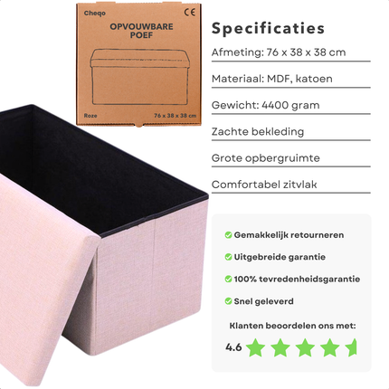Cheqo® Opvouwbare Poef Met Opbergruimte - Roze - Grote Opbergbox - Organizer - Voetenbankje - Hocker - MDF en Katoen