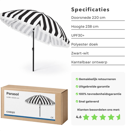 Cheqo® Parasol - Tuinparasol - Tuinparaplu - Strandparasol - Balkon Parasol - Camping Parasol - Gestreepte Parasol - Zwart Wit Parasol - Parasol Met Franjes - Parasol Met Draagtas - Kantelbare Parasol - Verstelbare Parasol - Parasol Uv Bescherming