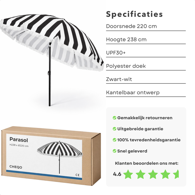 Cheqo® Parasol - Tuinparasol - Tuinparaplu - Strandparasol - Balkon Parasol - Camping Parasol - Gestreepte Parasol - Zwart Wit Parasol - Parasol Met Franjes - Parasol Met Draagtas - Kantelbare Parasol - Verstelbare Parasol - Parasol Uv Bescherming