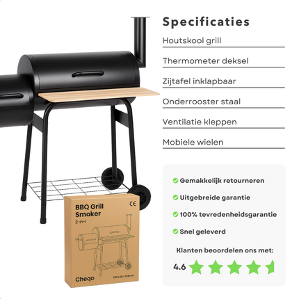 Cheqo® Houtskool Barbecue - BBQ - Smoker Barbecue Grill - Rookoven - 2-in-1 Barbecue en Smoker - Houtskool