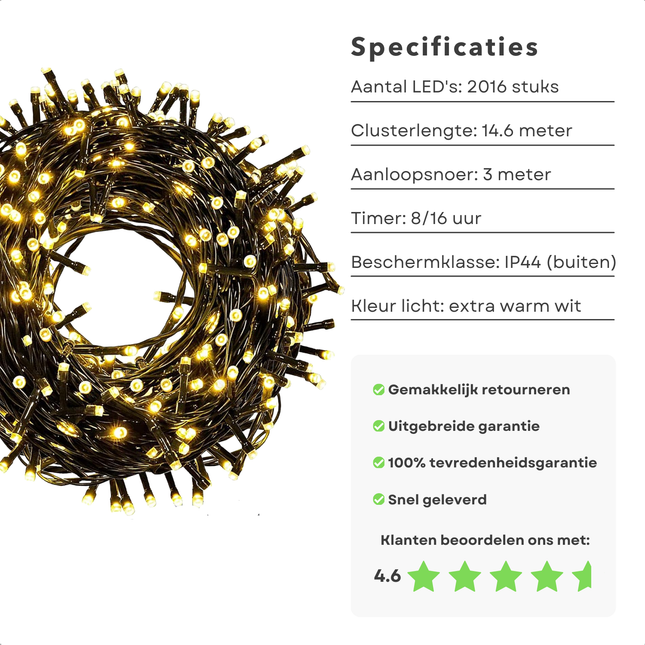 Cheqo® Clusterverlichting - Kerstboomverlichting - Kerstverlichting - Kerstlampjes - 2016 LED's - 14.6M - Warm Wit - Timer & Lichtfuncties - IP44