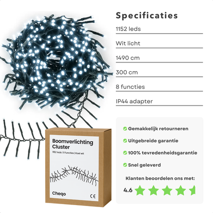 Cheqo® Kerstverlichting - Kerstlampjes - Kerstboomverlichting - 1152 LED - Koel Wit - Verlichte Lengte 1490 CM - Controller met 8 Lichtfuncties - Geheugenfunctie - Automatische Timer - IP44 Adapter - Binnen en Buiten