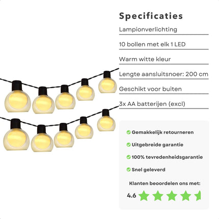Cheqo® Lampionnenslinger - 10 Lampionnen -  LED Lampen - Met Timer - Batterij Aangedreven - 2.70 Meter Lang - Sfeerverlichting - Kerstverlichting - Tuinverlichting - Lange Levensduur - Lichtsnoer - Feestverlichting Lichtsnoer