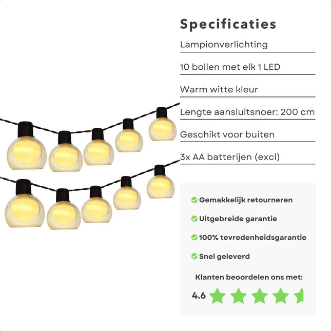 Cheqo® Lampionnenslinger - 10 Lampionnen -  LED Lampen - Met Timer - Batterij Aangedreven - 2.70 Meter Lang - Sfeerverlichting - Kerstverlichting - Tuinverlichting - Lange Levensduur - Lichtsnoer - Feestverlichting Lichtsnoer