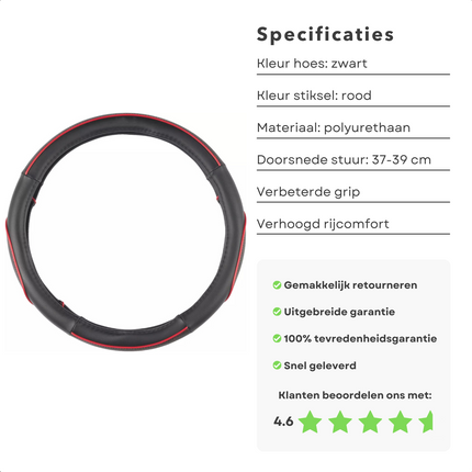 Cheqo® Stuurhoes Auto Zwart/Rood Universeel 37-39 cm - Verbeterde Grip en Rijcomfort Dunlop