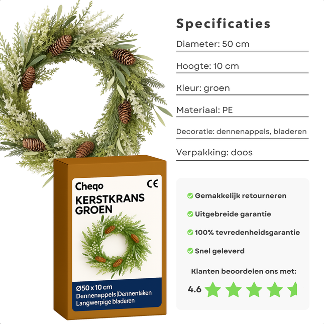 Cheqo® Groene Kerstkrans - Ø50 cm - Dennenappels - Dennentakken - Langwerpige Blaadjes - Natuurlijke Uitstraling - PE Materiaal - Deurdecoratie - Wanddecoratie - Kerstversiering - Binnen En Buiten - Sfeervolle Decoratie - Deurkrans