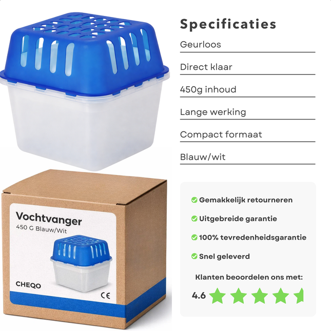 Cheqo® Vochtvanger - Vochtvreter - Luchtontvochtiger - Vochtopnemer - Vochtabsorber - Vochtonttrekker - Vochtvanger voor Kast - Vochtvanger Badkamer - Vochtvanger Keuken - Blauwe Vochtvanger