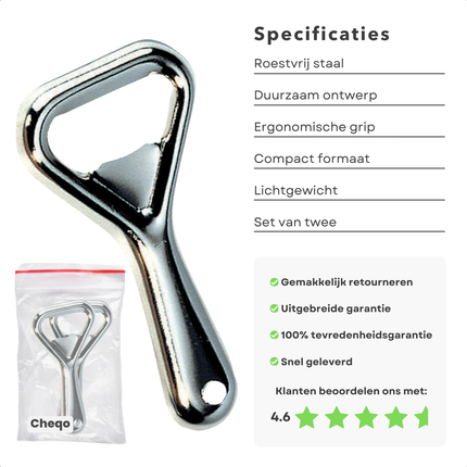Cheqo® Flessenopener Set - Bieropener - Opener - Flesopener -RVS - 2 Stuks