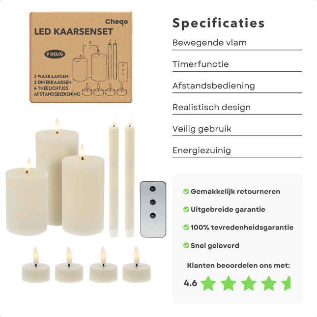 Cheqo® Oplaadbare LED Kaarsen met Bewegende Vlam - 9-Delig - Witte Wax - Met Afstandsbediening - Nep Kaarsen met Flikkerende Vlam - Dinerkaarsen