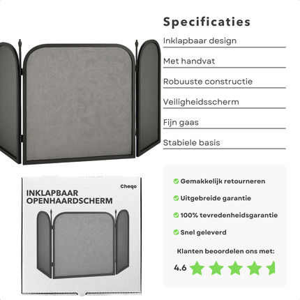 Cheqo® Openhaardscherm - Openhaard Scherm - Haardscherm - Vonkenscherm - Kachelhek - Inklapbaar Vonkenscherm - Gepoedercoat