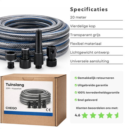 Cheqo® Tuinslang - Tuinslang Set - Tuinslang met Koppelingen - Tuinslang met Aansluitingen - Grijze Tuinslang - Transparante Tuinslang