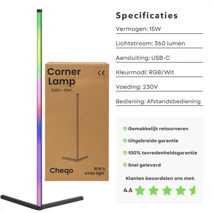Cheqo® LED Hoeklamp RGB en Wit Licht – Staande Lamp met Muziek Sensor – Dimbaar Licht met Afstandsbediening – USB-C Oplader – 15W – 360 Lumen – Gaming Lamp – Sfeerverlichting Woonkamer – Slimme Verlichting – Disco Lamp – Thuis Bioscoop