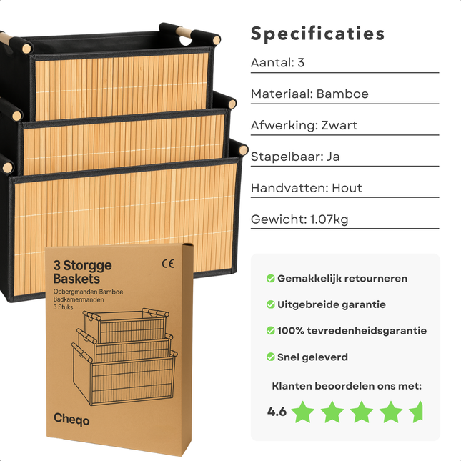 Cheqo® Bamboe Opbergmanden - Set Van 3 - Multifunctionele Manden - Badkamermanden - Stapelbare Manden - Houten Handvatten - Naturel En Zwart - Opbergdoos - Kastmanden - Bamboe Materiaal - Verschillende Formaten - Opbergoplossing