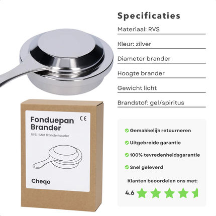 Cheqo® Fondue Pan Brander - Roestvrij Staal - Rvs Brander - Fondue Accessoires - Fondue Brander