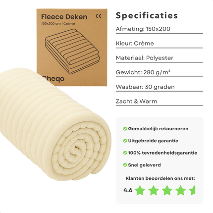 Cheqo® Fleece Deken - 150x200 cm - Creme Kleur - Super Zacht - Plaid - Polyester - Wasbaar Op 30 Graden - Warme Deken - Comfortabele Deken - Dekentje - Stijvolle Deken