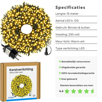 Cheqo® Kerstverlichting Binnen En Buiten - 120 LED Lampjes - Warm Wit Licht - 15 Meter Lichtslinger - Kerstlampjes - Kerstboomverlichting - IP44 Waterdicht - Sfeervolle Uitstraling - Kerst Lampjes - Kerstboom Decoratie