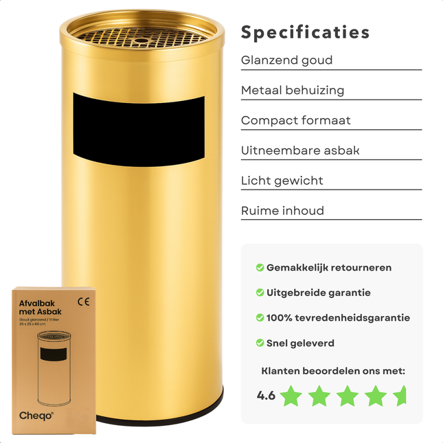 Cheqo® Staande Asbak voor Binnen en Buiten - Gouden Metalen Afvalbak met Asbak - Staand - Glanzend