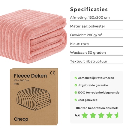 Cheqo® Fleece Deken - Roze Deken - 150x200 cm - Polyester Deken - Wasbaar Op 30 Graden - Super Zacht - Plaid Deken - Woondeken - Warme Deken