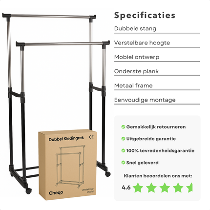 Cheqo® Dubbel Kledingrek op Wieltjes - Garderoberek - Kapstok - Kleding Rek - Kledingstang Verstelbaar & Mobiel - Metaal