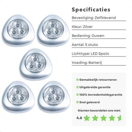 Cheqo® LED Spots Set - 5 Stuks - Verstelbaar - Batterijen - Dimbaar - Kastverlichting - Geen Gereedschap Nodig - Snelle Installatie - 400 Lumen - 25.000 Branduren - Duurzaam - Gangverlichting - Sfeerverlichting - Zelfklevend - Druklamp kastverlichting