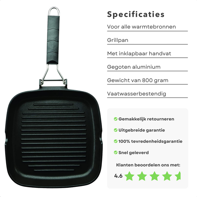 Cheqo® Grillpan Met Inklapbaar Handvat - Gietaluminium - 24x24x3,7 cm - Inductiegeschikt - Vaatwasserbestendig - Lichtgewicht - Ruimtebesparend Design - Voor Alle Warmtebronnen - Steakpan - Warmtebestendige Handgreep Grillpannen