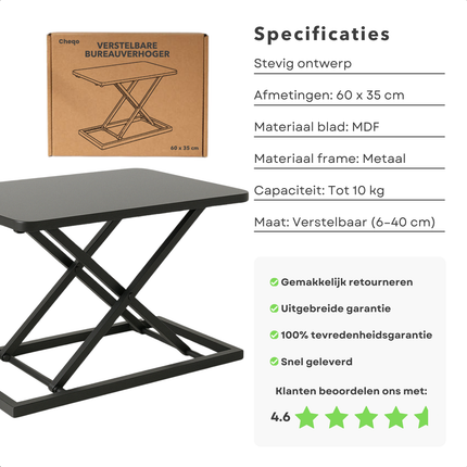Cheqo® Verstelbare Bureauverhoger - Zit Sta Bureau Verhoger - Monitor Verhoger - Workstation - Stabureau - Ergonomische Werkplek - MDF & Metaal - Zwart