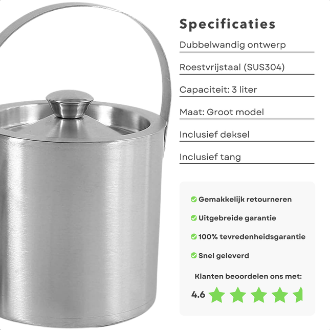 Cheqo® Luxe RVS Ijsemmer 3 Liter - Ijs Emmer - Ijsblokjesemmer - Dubbelwandig - Wijnkoeler Met Tang en Deksel - Champagne Koeler - Wijn Koeler