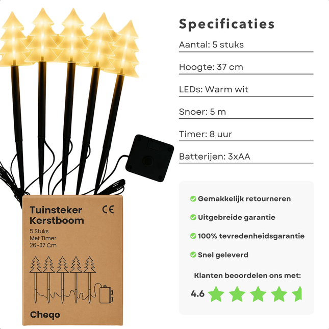 Cheqo® LED Tuinsteker - Kerstboom Tuinsteker - Warm Witte LED Verlichting - Set Van 5 - Met Timer - Acryl Kerstboom - Kunststof Grondpen - Werkt Op Batterijen - Automatische Timer - IP44 Geschikt Voor Buiten - 3xAA Batterijen - Hoogte 37cm
