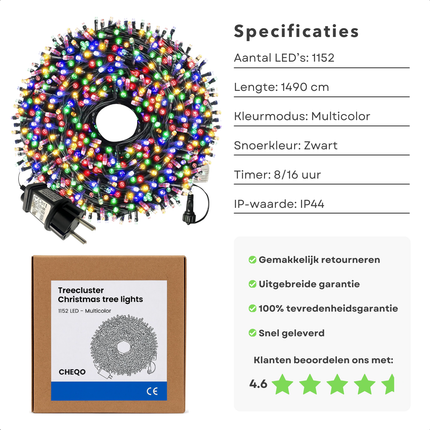 Cheqo® Kerstboomverlichting Multicolor - Kerstverlichting Met Timer - Binnen En Buiten Gebruik - IP44 - 8 Lichtfuncties - Zwart Snoer - Geheugenfunctie - Kerstlampjes - Kerstboom Verlichting - Kerstdecoratie - 15 meter