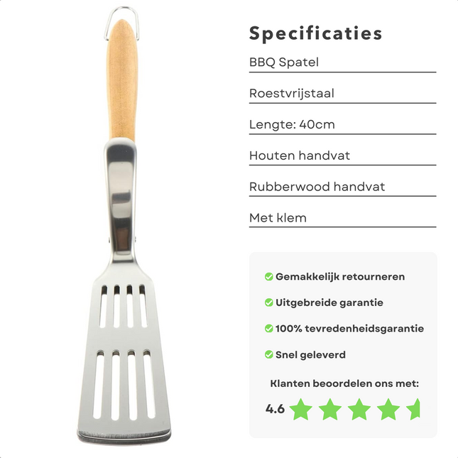 Roestvrijstalen BBQ spatel met houten handvat en klem, 40 cm lang, met 4.6 sterren beoordeling en specificaties.