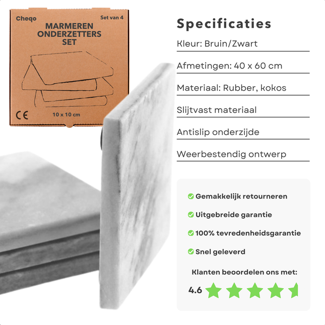 Cheqo® Luxe Marmeren Onderzetters Set - Moderne Onderzetters voor Glazen - Glasonderzetter Vierkant