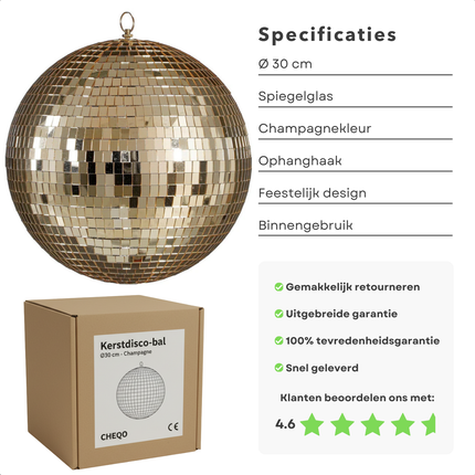 Cheqo® Kerst Discobal - Spiegelbol 30 CM - Champagnekleurig Spiegelglas - Disco Bal Bruin - Eenvoudig Op Te Hangen - Kerstversiering - Feestdagen Decoratie - Discobal Ornament - Spiegelglas Discobal - Kerstdecoratie