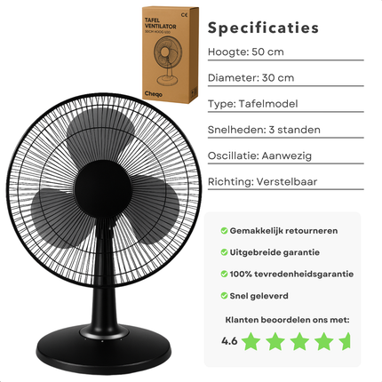 Cheqo® Tafelventilator - Ventilator - Tafel Ventilator - Bureau Ventilator - Fan - Airco Alternatief - Oscillerend - Verstelbare Snelheid - Compact Design - Zwart