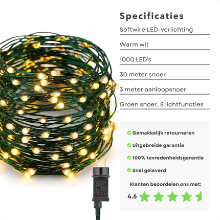 Cheqo® Kerstverlichting - Kerstboomverlichting - Kerstlampjes - Sfeerverlichting - LED Verlichting - Voor Binnen en Buiten - Tuinverlichting - Feestverlichting - Lichtsnoer - 1000 LED's - 30 meter - Warm Wit - 8 Lichtfuncties - Soft Wire Kerstboomverlichting