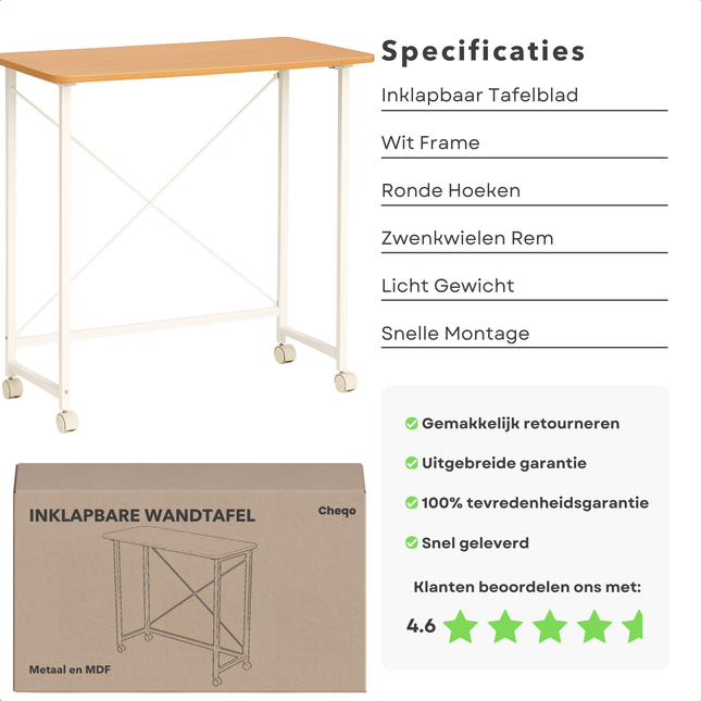 Cheqo® Inklapbare Wandtafel - Bijzettafel - Laptop Tafel - Haltafel - Bedtafel - Wit Metaal - Met Wielen