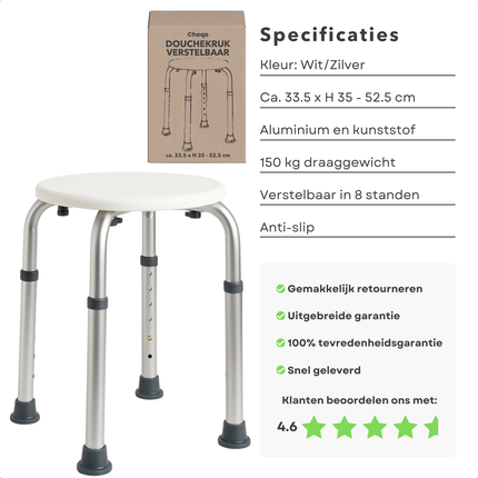 Cheqo® Douchekruk Verstelbaar - Douche Stoel - Douchestoel - Anti-Slip - Badkamer Kruk - Aluminium - 150 kg