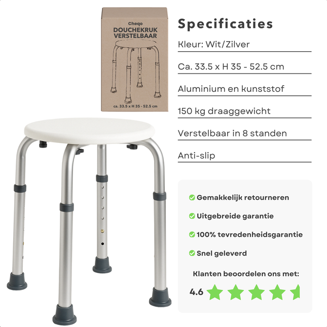 Cheqo® Douchekruk Verstelbaar - Douche Stoel - Douchestoel - Anti-Slip - Badkamer Kruk - Aluminium - 150 kg
