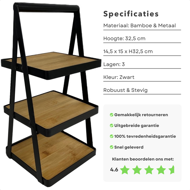 Cheqo® Bamboe Etagere - 3-Laags Keukenrek - High Tea Serveertoren - Fruitschaal - Taartplateau - Robuust en Stevig - Hoogte 32.5 cm - Keukenorganizer - Opbergrek