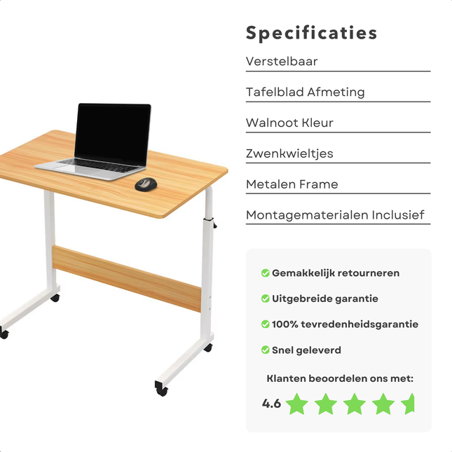 Verrijdbare Cheqo® laptoptafel met walnotenhouten blad, metalen frame, verstelbare hoogte en zwenkwieltjes naast productspecificaties.