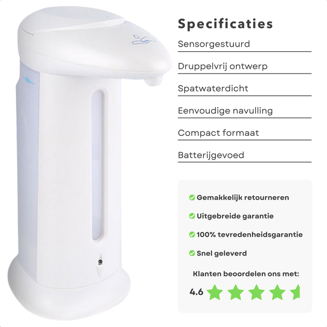 Cheqo® Automatische Zeepdispenser - Zeeppompje - Zeeppomp Contactloos 330 ml - Zeeppompje - Wit - Voor Vloeibare Zeep en Handgel