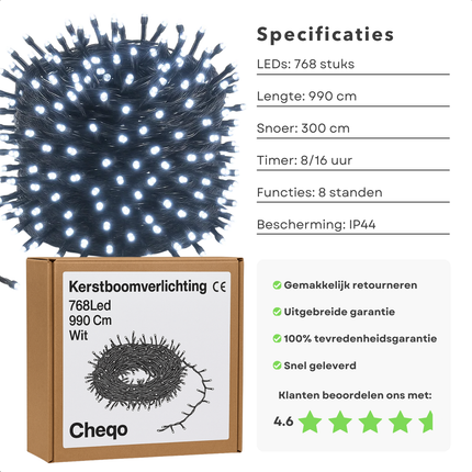 Cheqo® Kerstverlichting - Kerstlampjes - Kerstboomverlichting Wit - 768 LED Lampjes - Koel Wit Licht - Verlichte Lengte 990 CM - Kerstverlichting Binnen en Buiten - IP44 Adapter - Automatische Timer - 8 Lichtfuncties - Geheugenfunctie