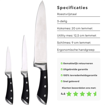 Cheqo® Roestvrijstalen Keukenmessen Set - Koksmes en Utility Mes - Ergonomische Handgreep - Chefmessen - Messenset voor Keuken - Koksmessen Set