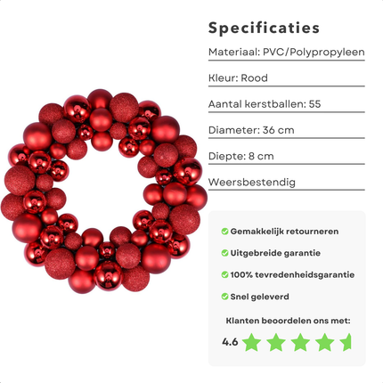 Cheqo® Kerstkrans voor Buiten en Binnen - Kerstkrans met Kerstballen - Rood 36 cm - Weersbestendige PVC Decoratie - Deurkrans met 55 Kerstballen