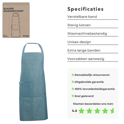 Cheqo® Blauw Katoen Keukenschort - Kookschort - Schort - Verstelbaar Unisex - Met Zakken - Duurzaam Koken