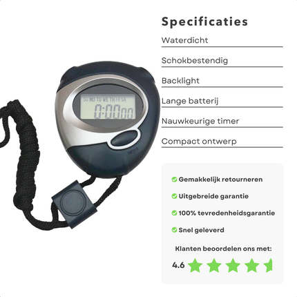 Cheqo® Digitale Stopwatch Sport - Timer - Handklok - Waterdicht - Handige Training - Compact Ontwerp - Inclusief Koord